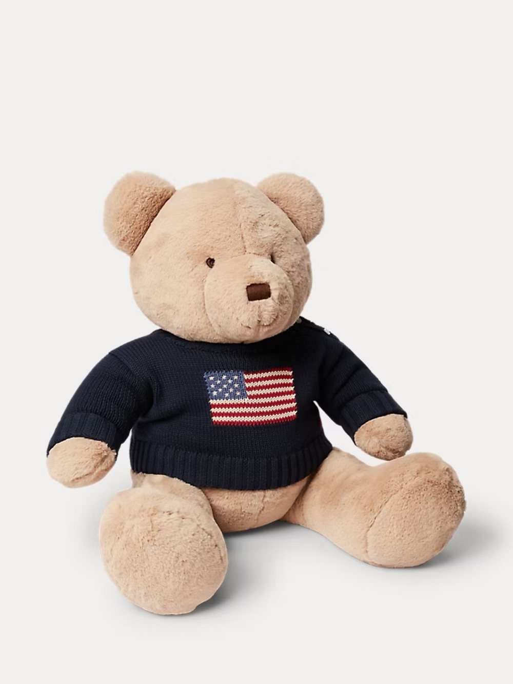 Large Ralph Lauren Tan Plush Bear with Navy American Flag Sweater